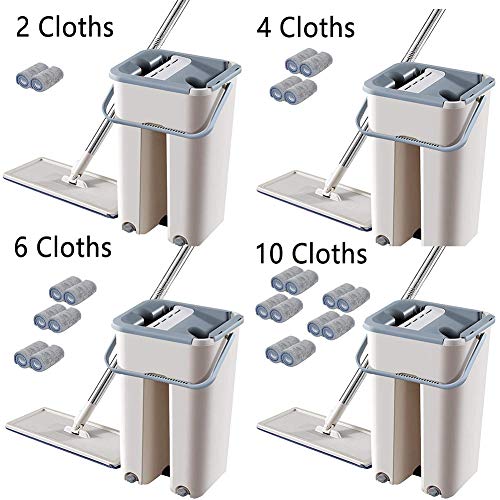 Trapeador plano con balde, trapeador automático para limpieza en seco y en húmedo con trapeadores reutilizables Trapeador de piso con cabezal flexible de 360 ​​° para sala de estar en el hogar