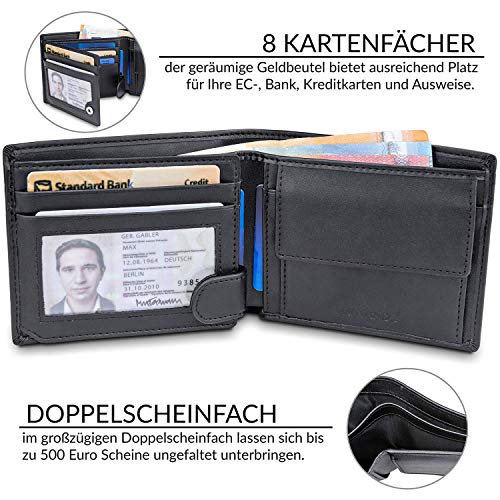 TRAVANDO Cartera Hombre „Tokyo“ con Bloqueador RFID, Billetera Negra, Tarjetero, Monedero Varón, Portamonedas, Regalo, Wallet, Vertical, Bolsillo Monedas Botón a presión Tarjetera, Ranuras