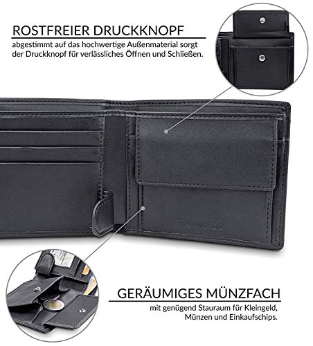 TRAVANDO Cartera Hombre „Tokyo“ con Bloqueador RFID, Billetera Negra, Tarjetero, Monedero Varón, Portamonedas, Regalo, Wallet, Vertical, Bolsillo Monedas Botón a presión Tarjetera, Ranuras