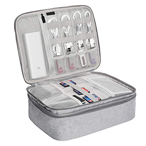 TsunNee - Bolsa organizadora de cables de viaje extragrande de doble capa para accesorios electrónicos portátiles, con 2 compartimentos, color gris