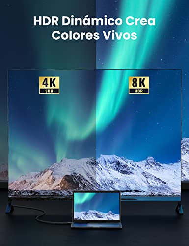 UGREEN 8K HDMI 2.1 Cable, HDMI Macho a Macho 8K@60Hz 48Gbps Alta Velocidad 4K@120Hz UHD, eARC, HDR Dinámico, Dolby Vision, 3D, HDCP 2.3, Compatible con PS5 PS4 Pro Xbox One X PC HDTV Monitor, 2Metros