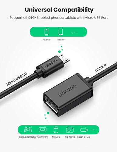 UGREEN Cable OTG Micro USB Android, Adaptador Micro USB 2.0 OTG Macho a Hembra Convertidor Compatible con Tablet Galaxy S7 A7 Tab S2 BQ Aquaris M10, Teléfono Móvil, Cámara dji Spark, Grabadora de DV