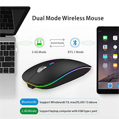 Uiosmuph M12 Ratón Inalámbrico Bluetooth, 2,4 GHz con Receptor Silencioso Dual Models Portátil Mouse con 3 Niveles de Adjustables 1600 dpi para Escritorio/Windows/Linux/Vista/PC/Mac(Negro Mate)