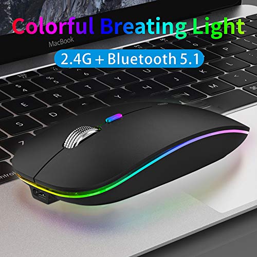 Uiosmuph M12 Ratón Inalámbrico Bluetooth, 2,4 GHz con Receptor Silencioso Dual Models Portátil Mouse con 3 Niveles de Adjustables 1600 dpi para Escritorio/Windows/Linux/Vista/PC/Mac(Negro Mate)