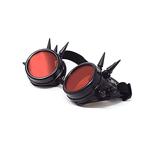 Ultra Steampunk Gafas Cyber Gafas Victorian Mens Womens Cosplay Goth Round, Negro con lentes rojas,