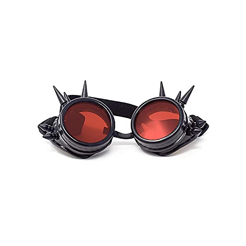 Ultra Steampunk Gafas Cyber Gafas Victorian Mens Womens Cosplay Goth Round, Negro con lentes rojas,