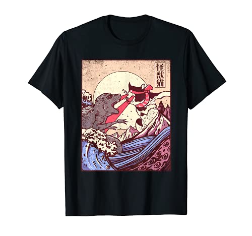 Vintage Retro Japanese Great Wave Cat Vs Monster Otaku Manga Camiseta
