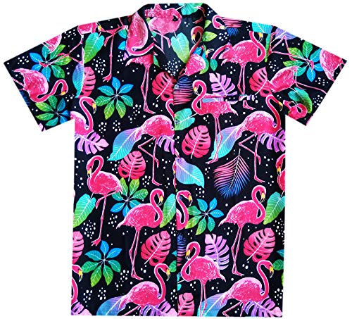 Virgin Crafts Divertente camice hawaiane per gli uomini Button Down Beach Party Flamingo Nero XXL
