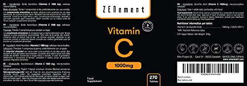 Vitamina C 1000 mg, 270 Comprimidos | Antioxidante, y contra la fatiga | Vegano, sin aditivos, sin gluten, No-GMO, GMP | de Zenement