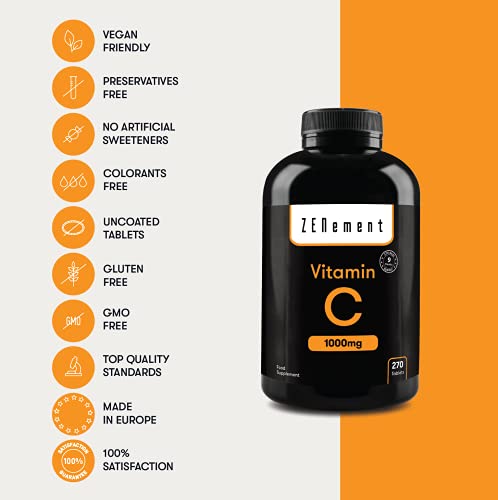 Vitamina C 1000 mg, 270 Comprimidos | Antioxidante, y contra la fatiga | Vegano, sin aditivos, sin gluten, No-GMO, GMP | de Zenement