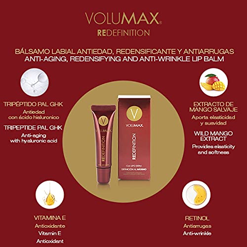 VOLUMAX REDEFINITION - Bálsamo Labial Antiedad, Redensificante y Antiarrugas Mujer | Define, Hidrata y Perfila | Labios Suaves y Carnosos | Vitamina E y Retinol | Mejora Producción de Colageno - 15ml