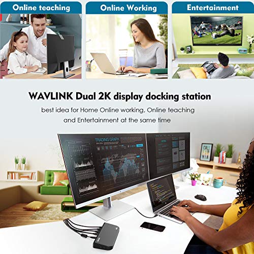 WAVLINK Estación de acoplamiento universal para portátil USB 3.0 con doble pantalla HDMI y DVI/VGA con Gigabit Ethernet, 6 puertos USB, audio para portátil, más eficiente oficina en casa