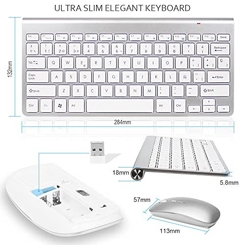 Wireless Inalámbricos Español Teclado y Ratón, YZPUSI Ultra Slim Wireless QWERTY Español Teclado per Windows PC, Portátil silencioso Raton