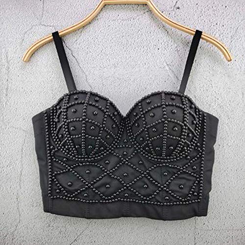 Woboren Push up Bustier Crop Top para Mujer Gothic Punk Rhinestone Corset Clubwear Party Bra (Negro, L)