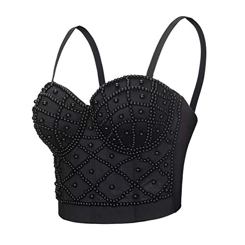 Woboren Push up Bustier Crop Top para Mujer Gothic Punk Rhinestone Corset Clubwear Party Bra (Negro, L)