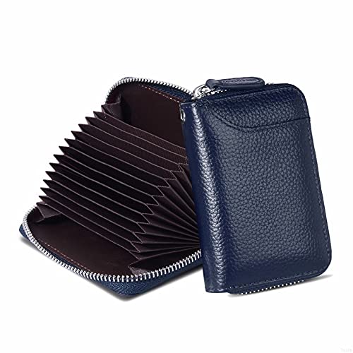 Womens Credit Card Holder Wallet Zip Leather Card Case RFID Blocking Ladies Small Blocked Accordion Wallets with Stainless Steel Zipper Woman Compact Accordian ID Cards Bag Deep Blue