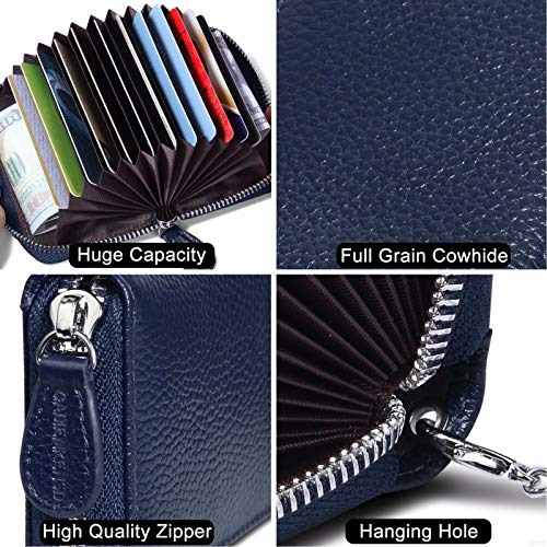 Womens Credit Card Holder Wallet Zip Leather Card Case RFID Blocking Ladies Small Blocked Accordion Wallets with Stainless Steel Zipper Woman Compact Accordian ID Cards Bag Deep Blue