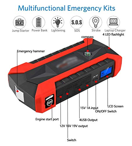 XYQCPJ Arrancador de Coche, Portátiles Emergencia Banco de Energía Multifunción Car Battery Jump Starter Pack 89800mAh 12V con Abrazaderas Linterna LED Brújula