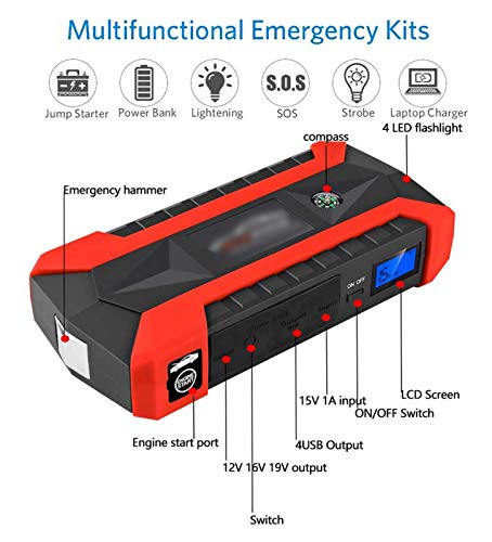 XYQCPJ Car Jump Starter Pack, Multifunción Portátiles Arrancador de Coche de Herramientas (6.0L de Gasolina o 4.0L de Diesel) Eléctricas Brújula Martillo de Seguridad Inflador 89800mAh
