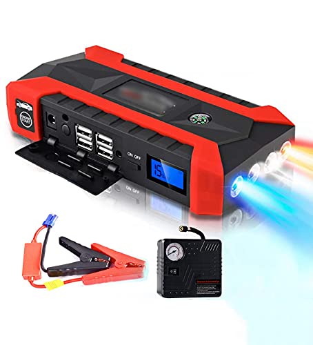 XYQCPJ Car Jump Starter Pack, Multifunción Portátiles Arrancador de Coche de Herramientas (6.0L de Gasolina o 4.0L de Diesel) Eléctricas Brújula Martillo de Seguridad Inflador 89800mAh