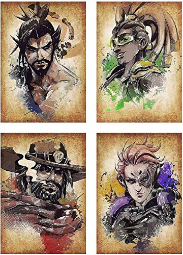 YEAHTOPE Póster mural de personajes de Overwatch Hanzo Lucio McCree Moira, 4 unidades, tamaño A4 (21 cm x 29 cm), sin marco