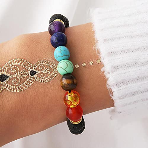 Yean Pulsera de cuentas de color turquesa con cadena de mano, pulsera de curación de 7 chakras, yoga, piedra volcánica de oro, joyería de mano para mujeres y niñas