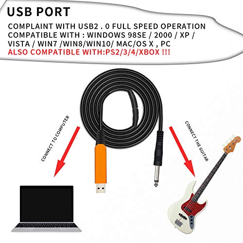 YESPURE - Cable USB para guitarra (10 pies, interfaz USB macho a 6,35 mm 1/4", chapado en oro TS, cable de grabación compatible con PC, Mac, Xbox One, Xbox 360, PS4, PS3, PS2)