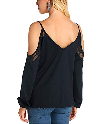 YOINS Camiseta Mangas Larga para Mujer Sexy Blusas con Hombros Descubiertos Cuello Redondo Top Color sólido Casual Color sólido-Azul Oscuro XL
