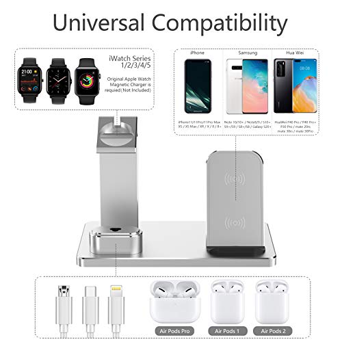 YOMENG Estación de Carga inalámbrica, 3 en 1 Base de Carga rápida de Aluminio para iPhone 12/12 Pro /12 Mini/11 Pro MAX/XS/XR/XS MAX/8 Plus, Soporte de Cargador para iWatch Series 6/5/4/3/2/1(Plata)