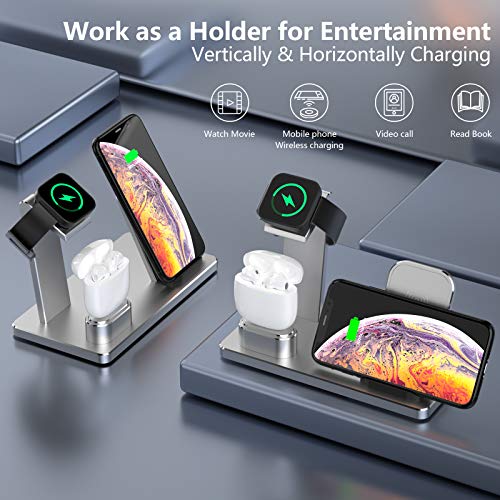 YOMENG Estación de Carga inalámbrica, 3 en 1 Base de Carga rápida de Aluminio para iPhone 12/12 Pro /12 Mini/11 Pro MAX/XS/XR/XS MAX/8 Plus, Soporte de Cargador para iWatch Series 6/5/4/3/2/1(Plata)