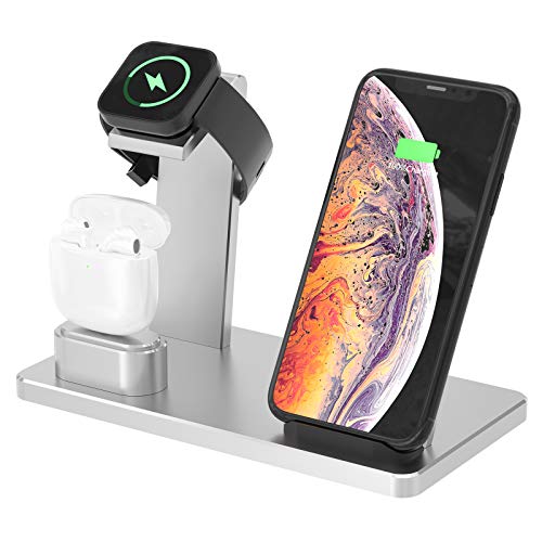 YOMENG Estación de Carga inalámbrica, 3 en 1 Base de Carga rápida de Aluminio para iPhone 12/12 Pro /12 Mini/11 Pro MAX/XS/XR/XS MAX/8 Plus, Soporte de Cargador para iWatch Series 6/5/4/3/2/1(Plata)