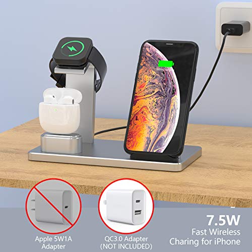 YOMENG Estación de Carga inalámbrica, 3 en 1 Base de Carga rápida de Aluminio para iPhone 12/12 Pro /12 Mini/11 Pro MAX/XS/XR/XS MAX/8 Plus, Soporte de Cargador para iWatch Series 6/5/4/3/2/1(Plata)