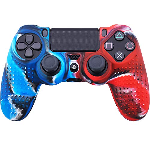 YoRHa Tachonado Puntos Silicona Caucho Gel Personalizando Cubrir Fundas Cover para Sony PS4/Slim/Pro Mando x 1 (Camou Rojo y Azul) con Pro Asideros Thumb Grips x 10