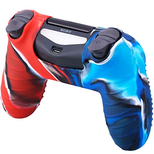 YoRHa Tachonado Puntos Silicona Caucho Gel Personalizando Cubrir Fundas Cover para Sony PS4/Slim/Pro Mando x 1 (Camou Rojo y Azul) con Pro Asideros Thumb Grips x 10