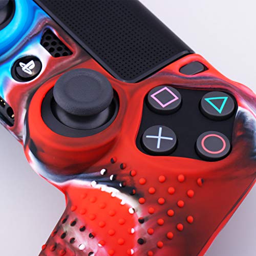 YoRHa Tachonado Puntos Silicona Caucho Gel Personalizando Cubrir Fundas Cover para Sony PS4/Slim/Pro Mando x 1 (Camou Rojo y Azul) con Pro Asideros Thumb Grips x 10