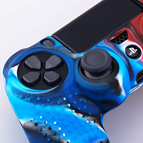 YoRHa Tachonado Puntos Silicona Caucho Gel Personalizando Cubrir Fundas Cover para Sony PS4/Slim/Pro Mando x 1 (Camou Rojo y Azul) con Pro Asideros Thumb Grips x 10