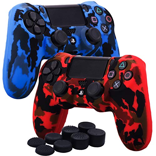 YoRHa Transferencia de Agua Camuflaje de impresión Silicona Caso Piel Fundas Protectores Cubierta para Sony PS4/slim/Pro Mando x 2(Rojo + Azul) con Pro los puños Pulgar Thumb gripsx 8