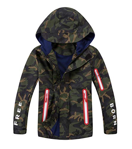 YoungSoul Chaqueta Impermeable Camuflaje Niño - Cortavientos con Forro Polar - Chubasquero Deportivo con Capucha, Ejercito Verde, 9-10 años/Tamaño XL