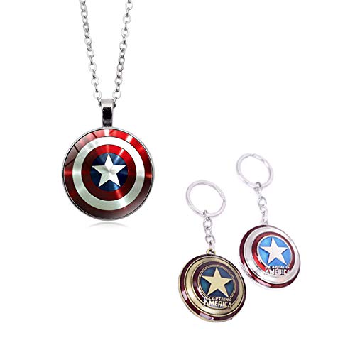 YouU 3 Piezas Marvel Capitán América Escudo Colgante Estrella - The Avengers Cosplay Super Hero Necklace y Llavero,Plata