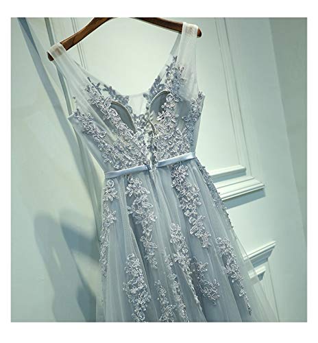 YTG Sexy Vestido de noite com Decote em v Robe de soirée 2020 Alta Qualidade Cinza Tule com Apliques Vestidos de noite Vestido de Festa Longo (Color : Céu Azul, Size : 10)