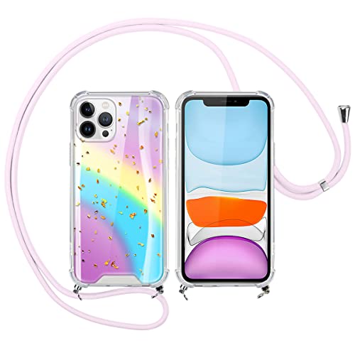 ZhuoFan Funda con Cuerda para Motorola Moto G9 Play / E7 Plus Cárcasa Transparente Brillante Glitter Rígida PC y Silicona con Correa Colgante Ajustable Collar Correa de Cuello Cadena Cordón, Arcoíris