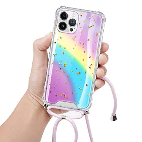 ZhuoFan Funda con Cuerda para Motorola Moto G9 Play / E7 Plus Cárcasa Transparente Brillante Glitter Rígida PC y Silicona con Correa Colgante Ajustable Collar Correa de Cuello Cadena Cordón, Arcoíris