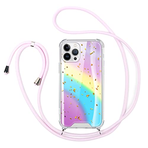 ZhuoFan Funda con Cuerda para Motorola Moto G9 Play / E7 Plus Cárcasa Transparente Brillante Glitter Rígida PC y Silicona con Correa Colgante Ajustable Collar Correa de Cuello Cadena Cordón, Arcoíris