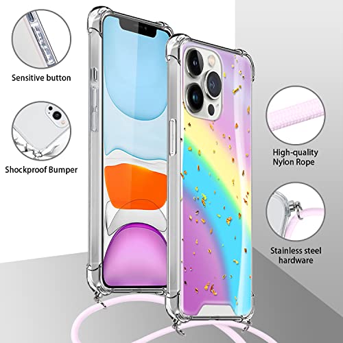 ZhuoFan Funda con Cuerda para Motorola Moto G9 Play / E7 Plus Cárcasa Transparente Brillante Glitter Rígida PC y Silicona con Correa Colgante Ajustable Collar Correa de Cuello Cadena Cordón, Arcoíris