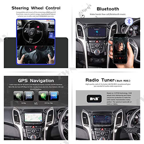 ZWNAV 7 Pulgadas Andriod 10.0 Double DIN Auto Stereo Navi Bluetooth GPS Navigation para Hyundai I30 Elantra GT 2012-2016 Unidad de Control del Volante WiFi USB Carplay Mirror Link (4G RAM 64G ROM)