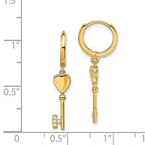 14k Yellow Gold Cubic Zirconia with Key Dangle Hinged Hoop Earrings