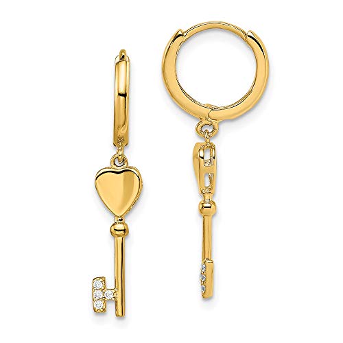14k Yellow Gold Cubic Zirconia with Key Dangle Hinged Hoop Earrings