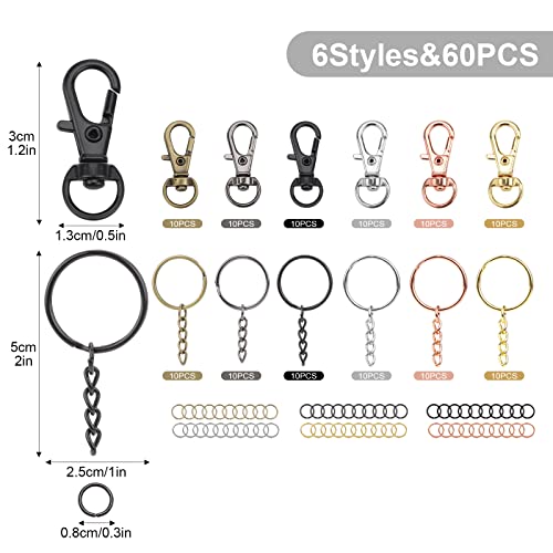 180 piezas de llaveros con cierre giratorio que incluye 60 piezas de ganchos de cordón 60 piezas de llaveros divididos con cadena 60 piezas de ganchos de ojo de tornillo en 6 colores