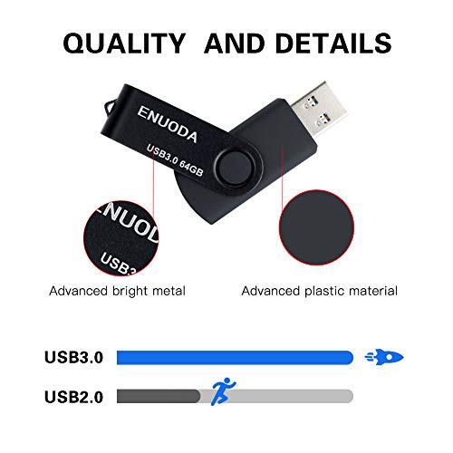 2 Piezas 64GB USB 3.0 ENUODA Pendrive Pivote Memorias Giratoria Plegable Diseño de Cierre (Negro Rojo)