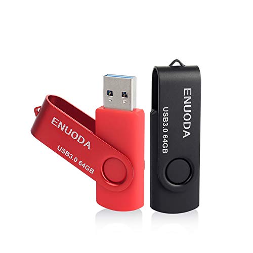 2 Piezas 64GB USB 3.0 ENUODA Pendrive Pivote Memorias Giratoria Plegable Diseño de Cierre (Negro Rojo)